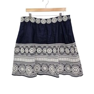 Boden Navy Embroidered A-Line Skirt Women US 14 UK 18 Linen Blend
